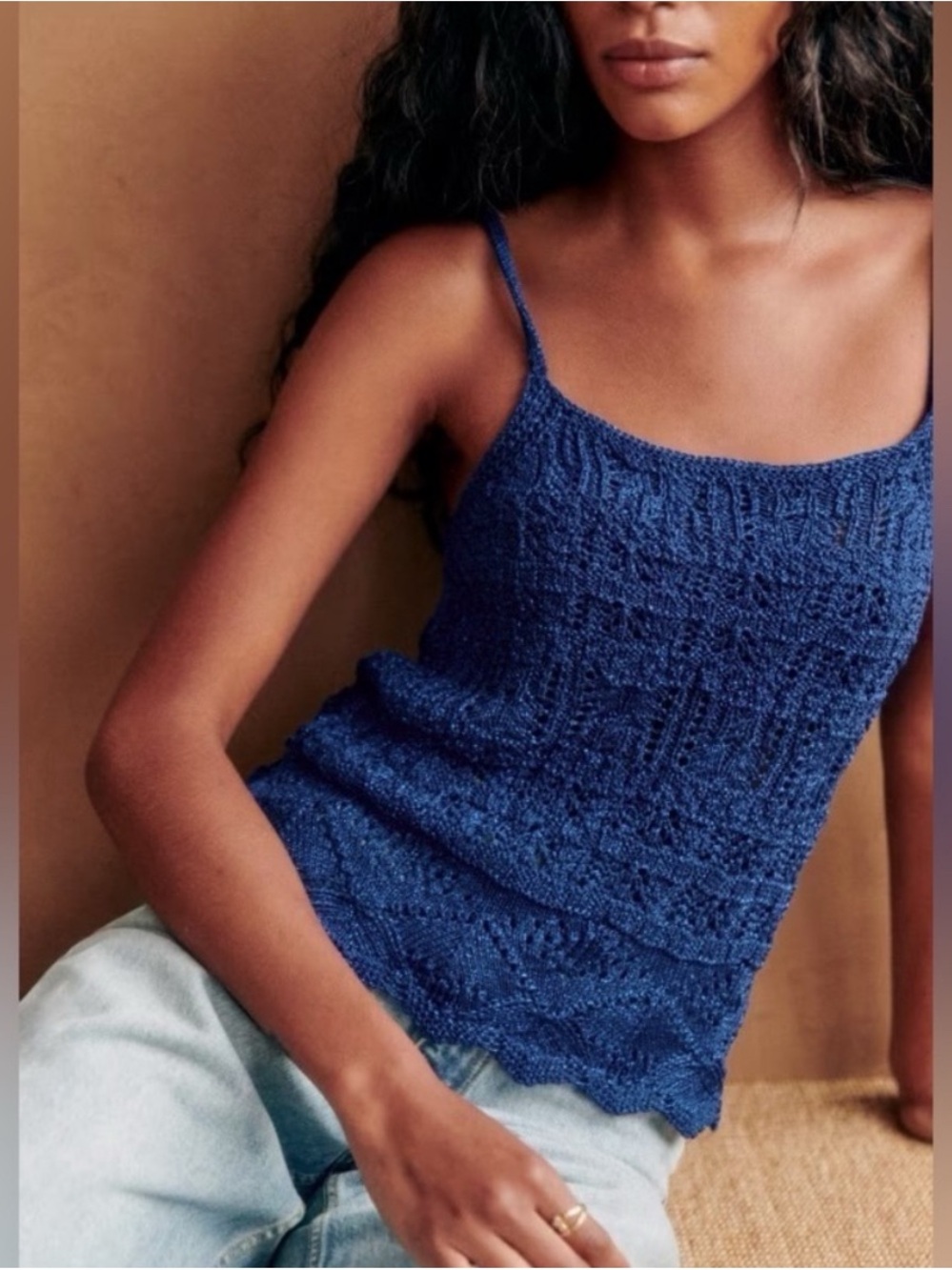 Sezane Blue Knit Lace-Trim Camisole